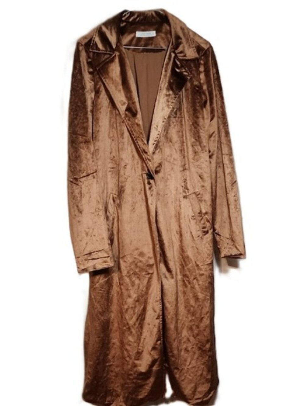 12th Tribe Tan Brown Velvet Long Trench Duster Coat Lined Buttoned Size Large